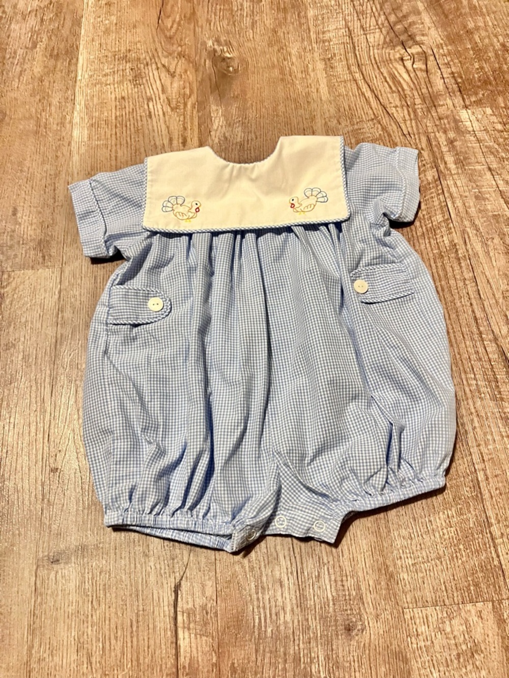 Blue Gingham Baby One-Piece Bodysuit Embroidered Turkey Thanksgiving size 18 mon